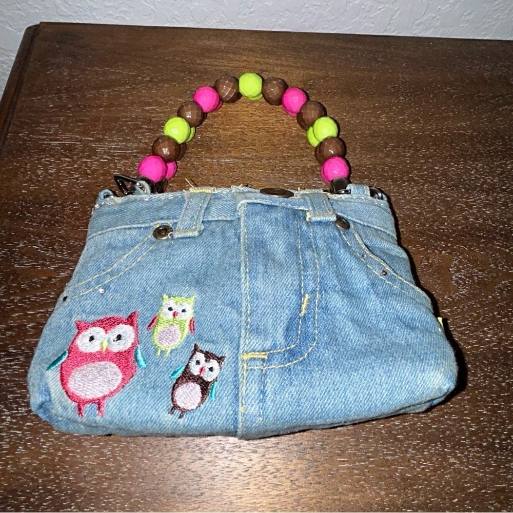 Bootie Bags Owl Denim Print Bead Mini Bag